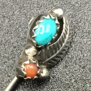 Vintage Sterling Southwest Navajo Turquoise and Coral Feather Motif Hat / Lapel